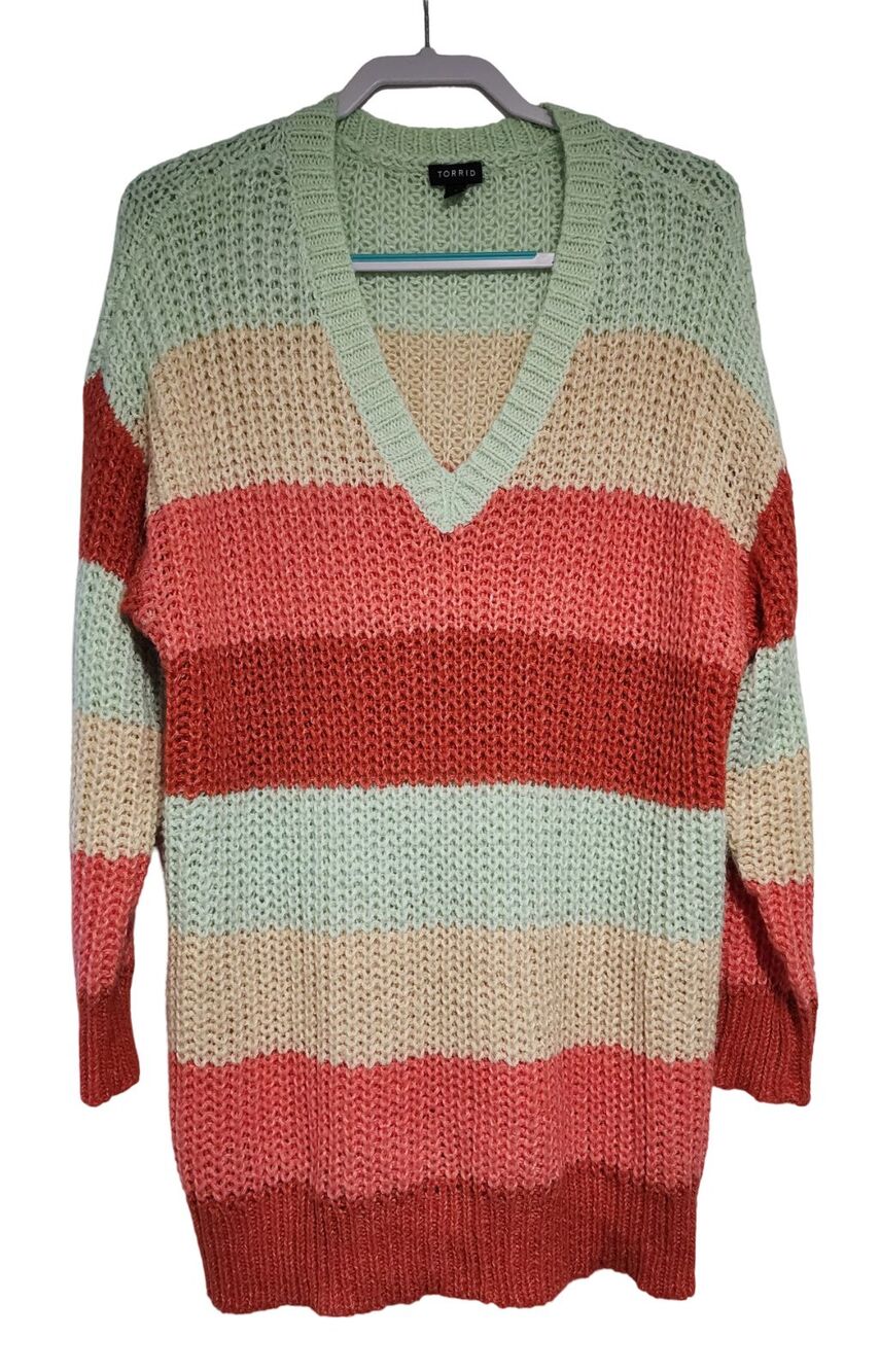 Torrid Womens Drop Shoulder V-Neck Pullover Sweater 1X Stripes Red Green Cream